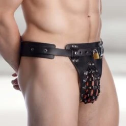 Leather Male Chastity Belt With Anal Plug Harness