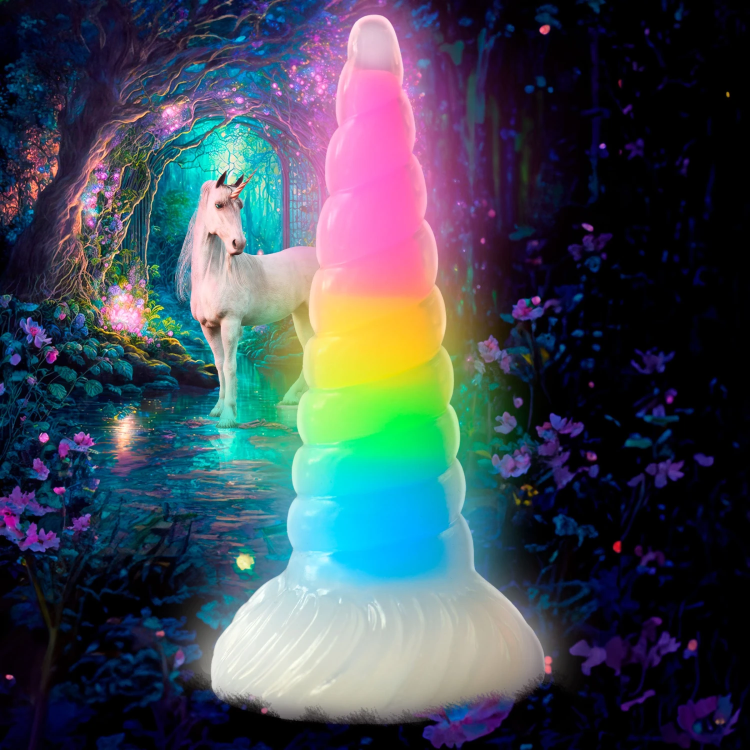 Uni-Glow Glow-In-The-Dark Rainbow Silicone Dildo 1 Uni-Glow Glow-In-The-Dark Rainbow Silicone Dildo