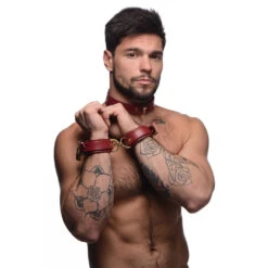 Burgundy Premium Leather Collar And Cuffs -Boyz Shop BSAE798 Male Model 001
