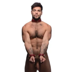 Burgundy Premium Leather Collar And Cuffs -Boyz Shop BSAE798 Male Model 002