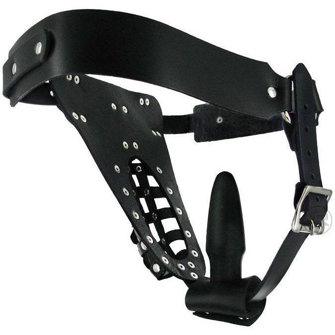 Leather Male Chastity Belt With Anal Plug Harness 4 Leather Male Chastity Belt With Anal Plug Harness - Image 4