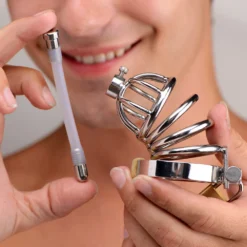 Master Series Stainless Steel Chastity Cage With Urethral Insert -Boyz Shop ad775 crop 2