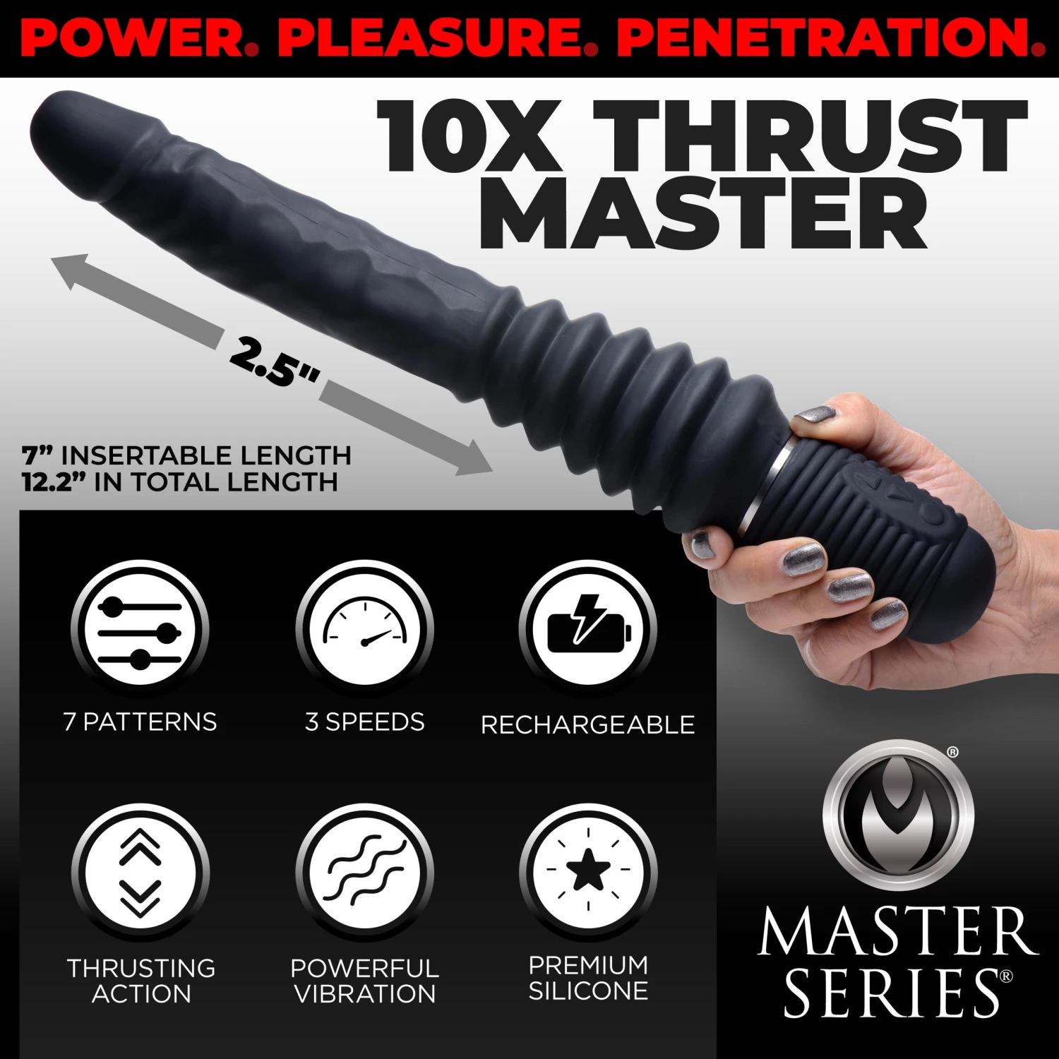Master Series 10X Silicone Vibrating And Thrusting Dildo 2 Master Series 10X Silicone Vibrating And Thrusting Dildo - Image 2