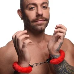 Master Series Cuffed In Fur Furry Handcuffs -Boyz Shop ag937 red male model 001