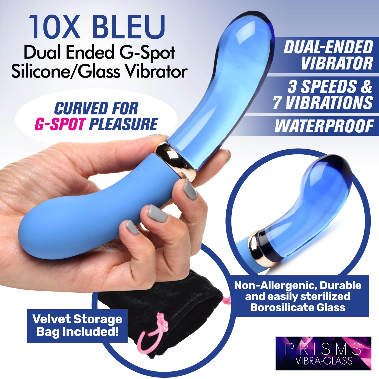 10X Bleu Dual Ended P-Spot Silicone And Glass Vibrator 2 10X Bleu Dual Ended P-Spot Silicone And Glass Vibrator - Image 2